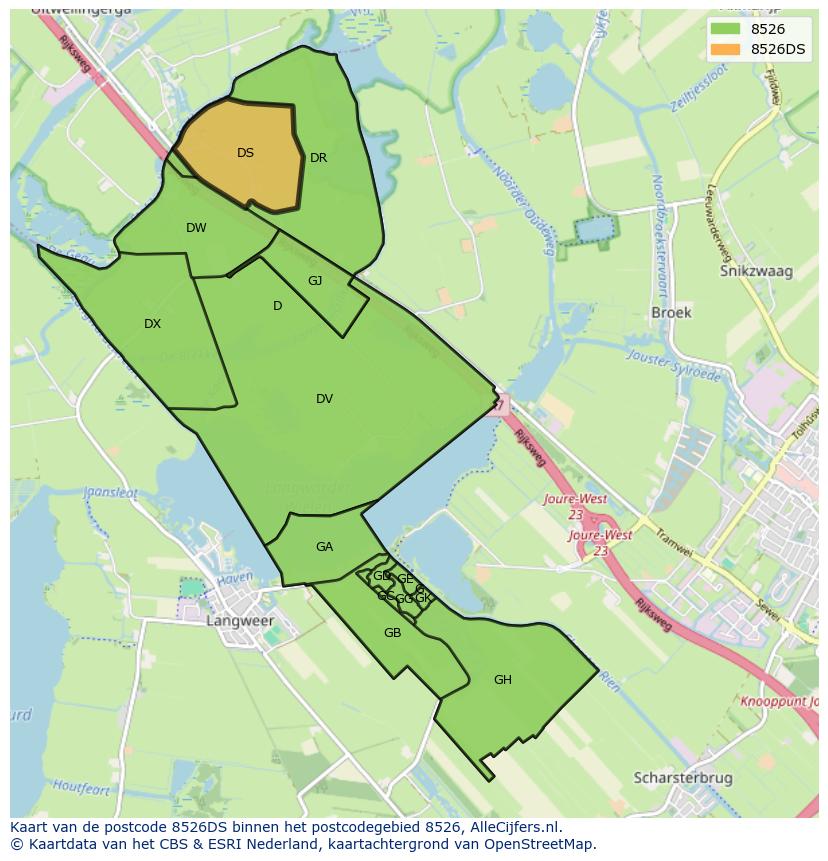 Afbeelding van het postcodegebied 8526 DS op de kaart.