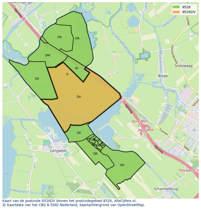 Afbeelding van het postcodegebied 8526 DV op de kaart.