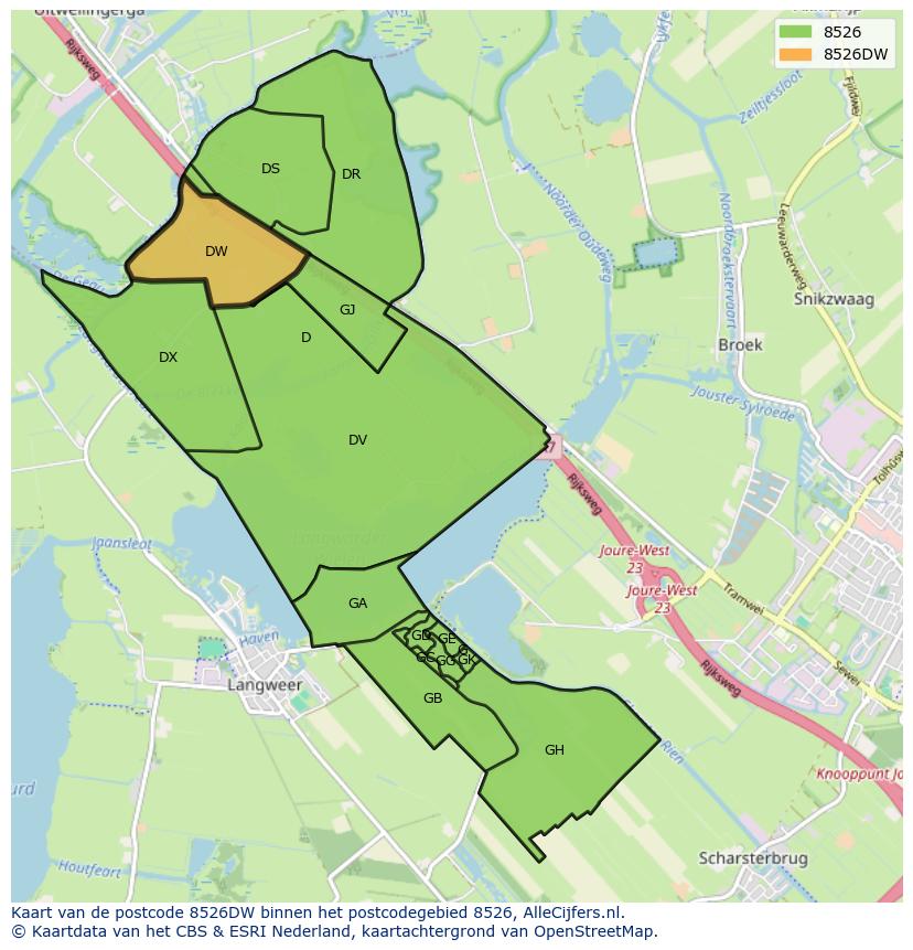 Afbeelding van het postcodegebied 8526 DW op de kaart.