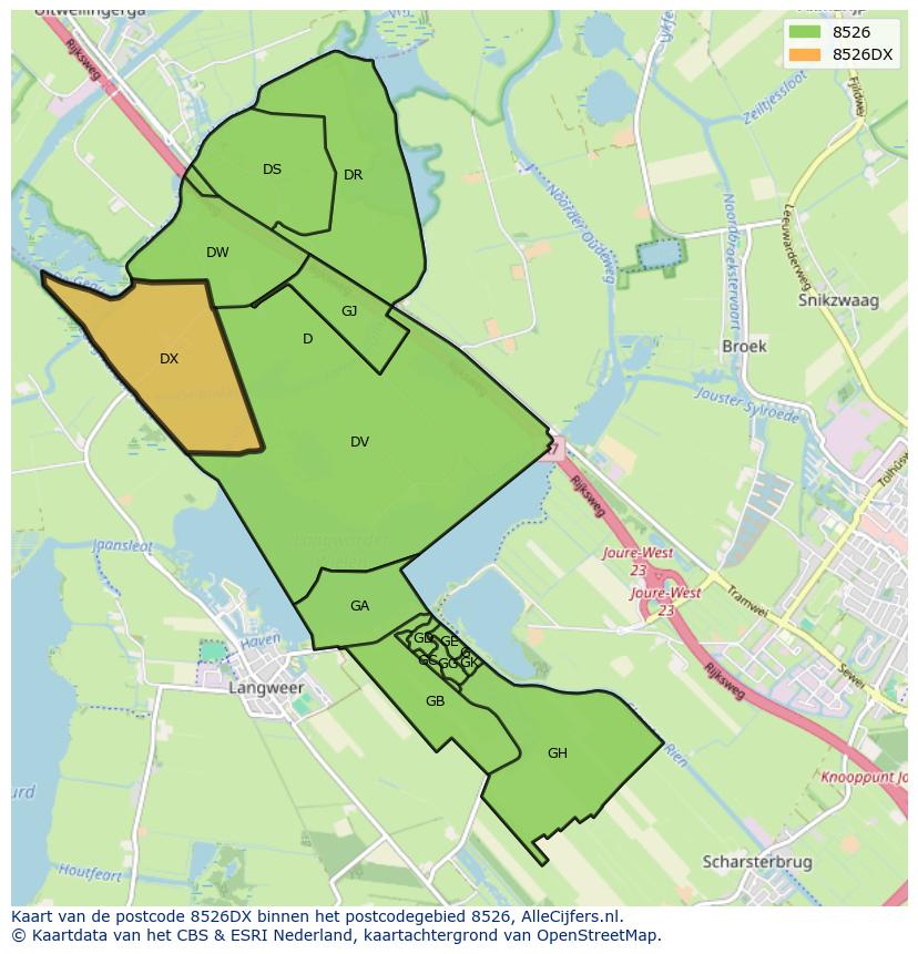 Afbeelding van het postcodegebied 8526 DX op de kaart.