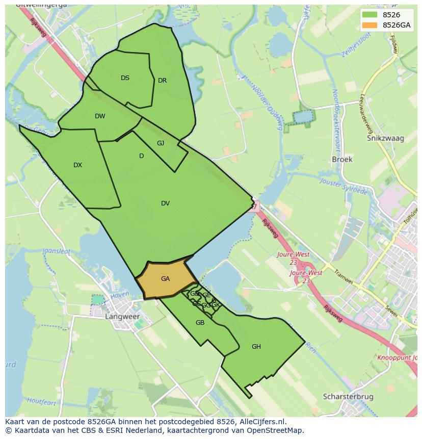 Afbeelding van het postcodegebied 8526 GA op de kaart.