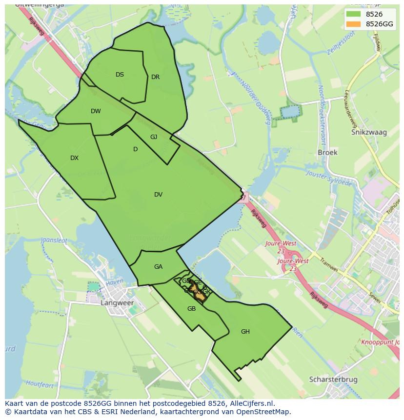Afbeelding van het postcodegebied 8526 GG op de kaart.