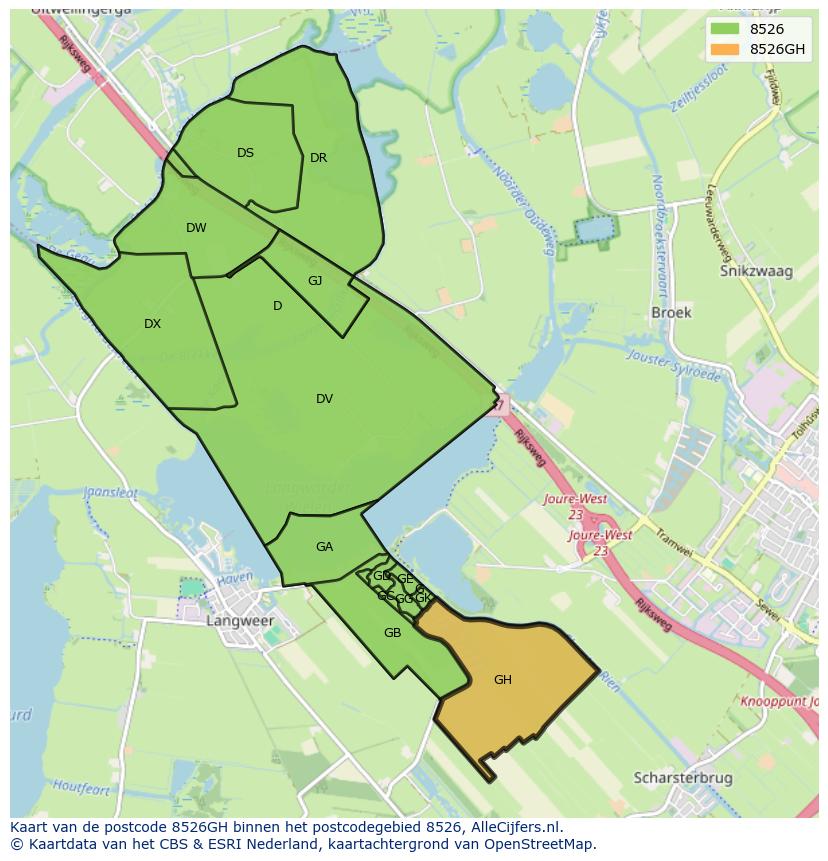 Afbeelding van het postcodegebied 8526 GH op de kaart.