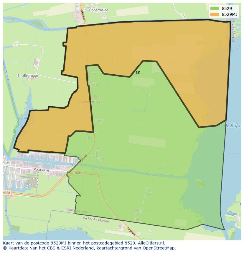 Afbeelding van het postcodegebied 8529 MJ op de kaart.