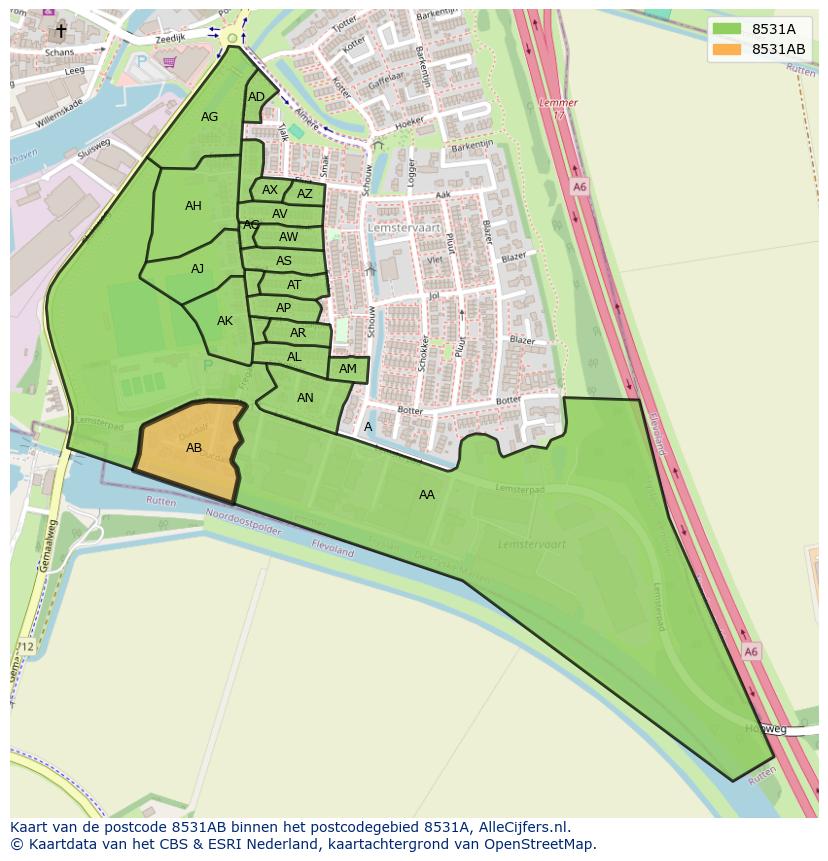 Afbeelding van het postcodegebied 8531 AB op de kaart.