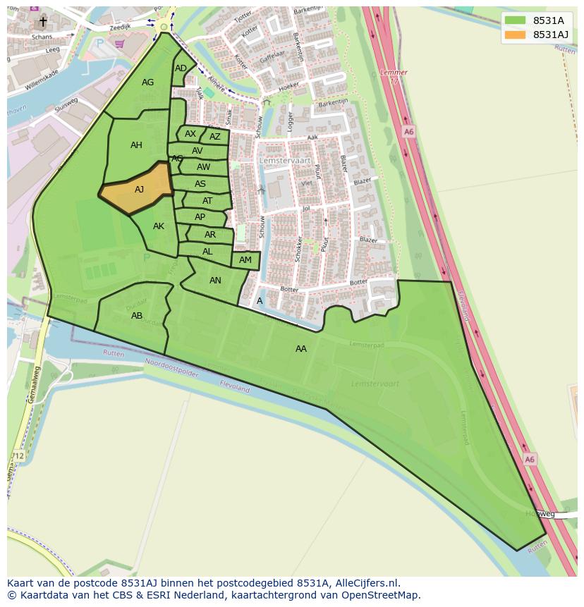 Afbeelding van het postcodegebied 8531 AJ op de kaart.