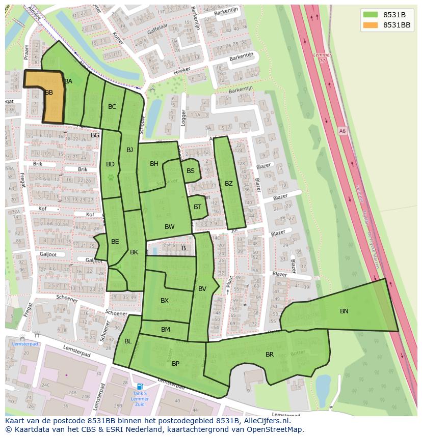 Afbeelding van het postcodegebied 8531 BB op de kaart.