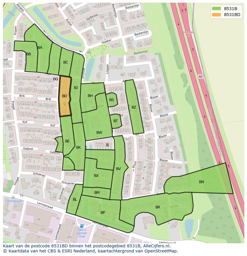 Afbeelding van het postcodegebied 8531 BD op de kaart.