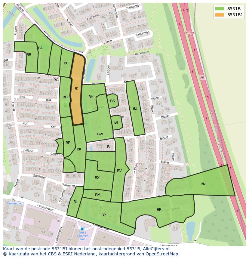 Afbeelding van het postcodegebied 8531 BJ op de kaart.