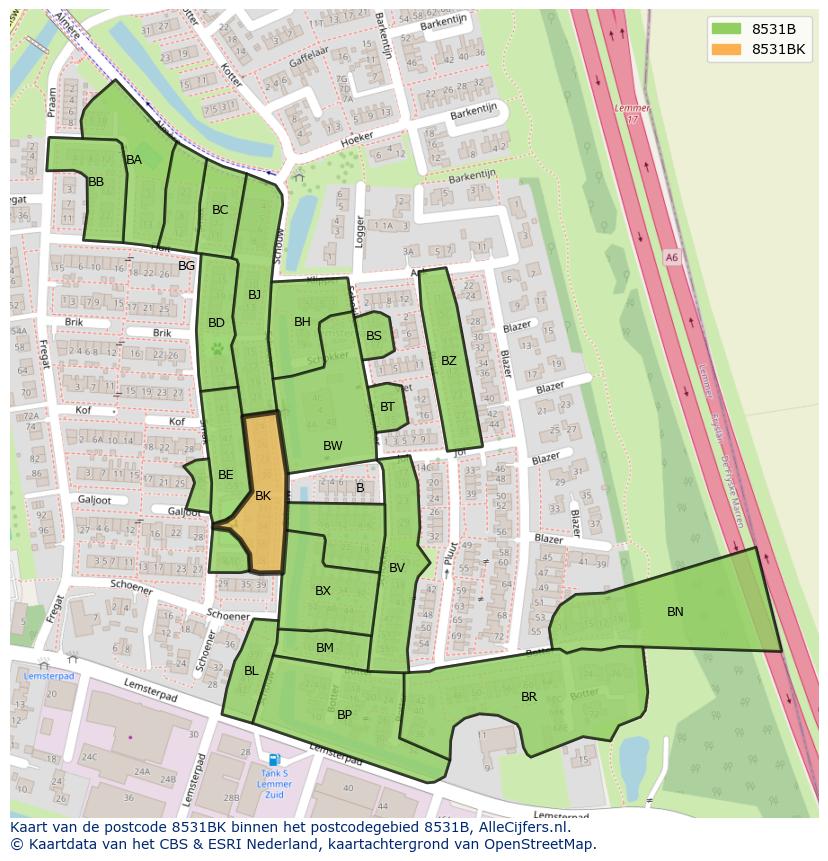 Afbeelding van het postcodegebied 8531 BK op de kaart.