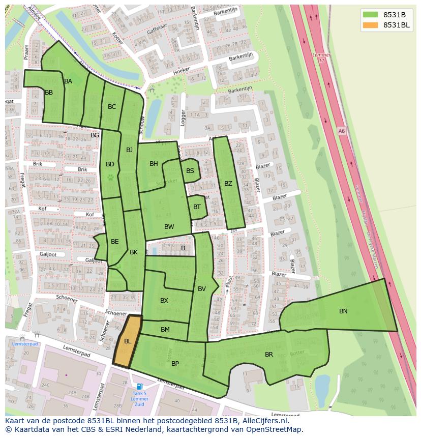 Afbeelding van het postcodegebied 8531 BL op de kaart.