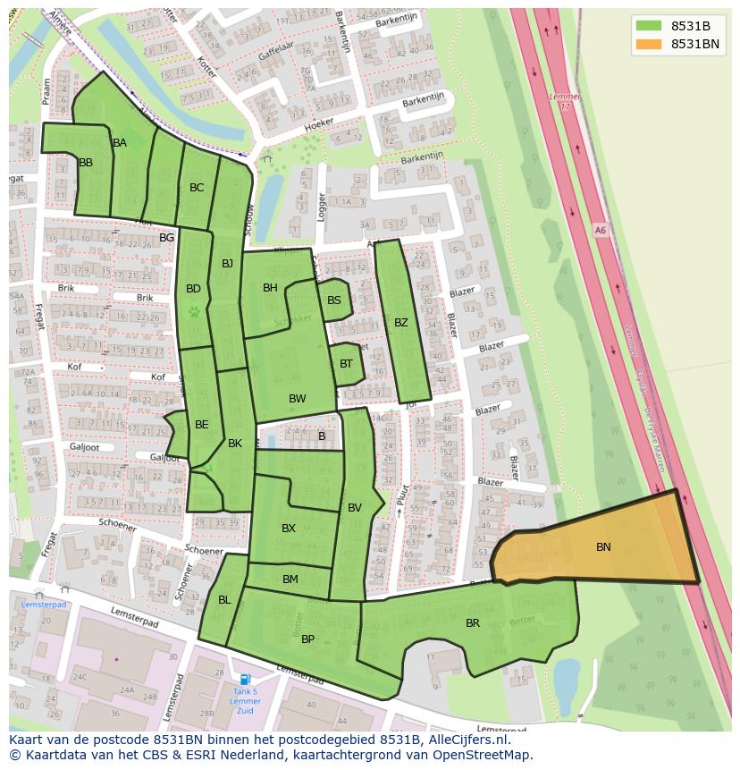 Afbeelding van het postcodegebied 8531 BN op de kaart.