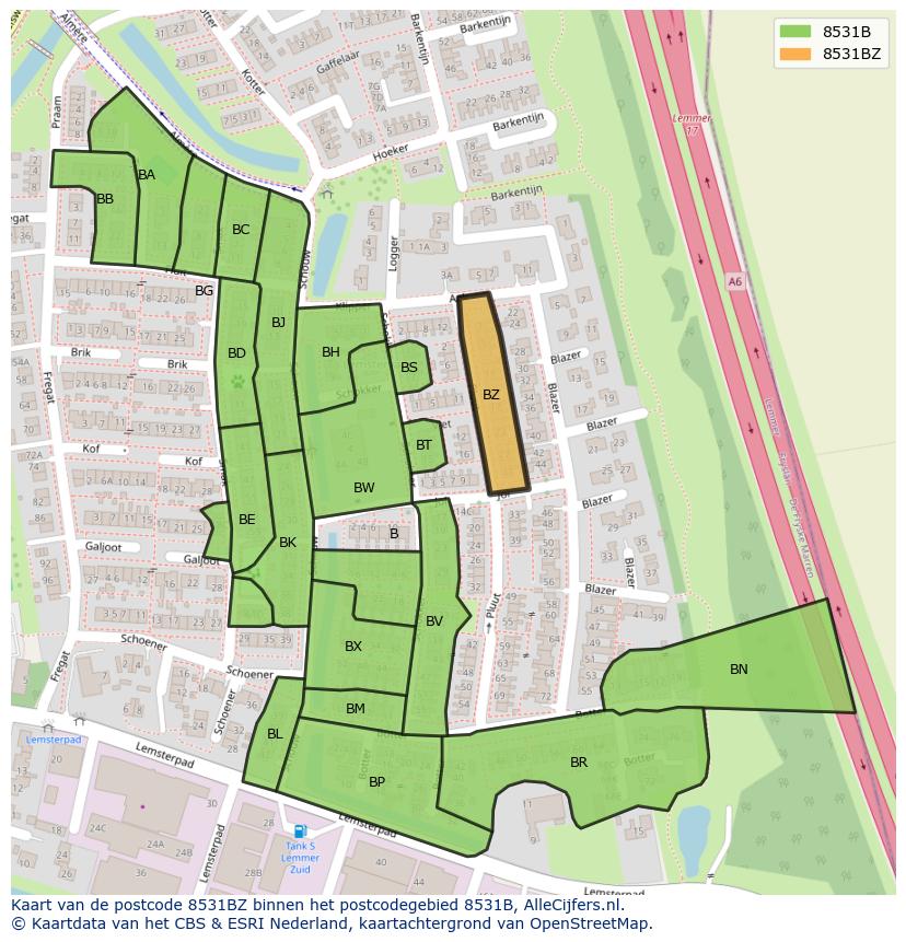 Afbeelding van het postcodegebied 8531 BZ op de kaart.