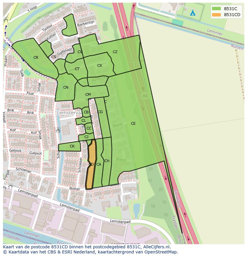 Afbeelding van het postcodegebied 8531 CD op de kaart.