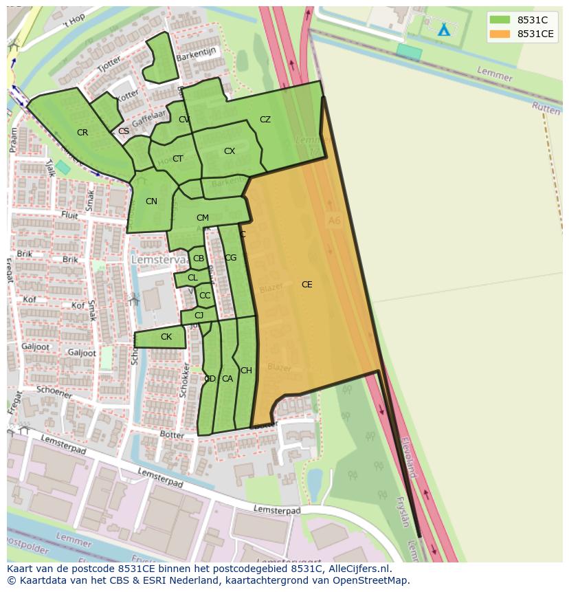 Afbeelding van het postcodegebied 8531 CE op de kaart.