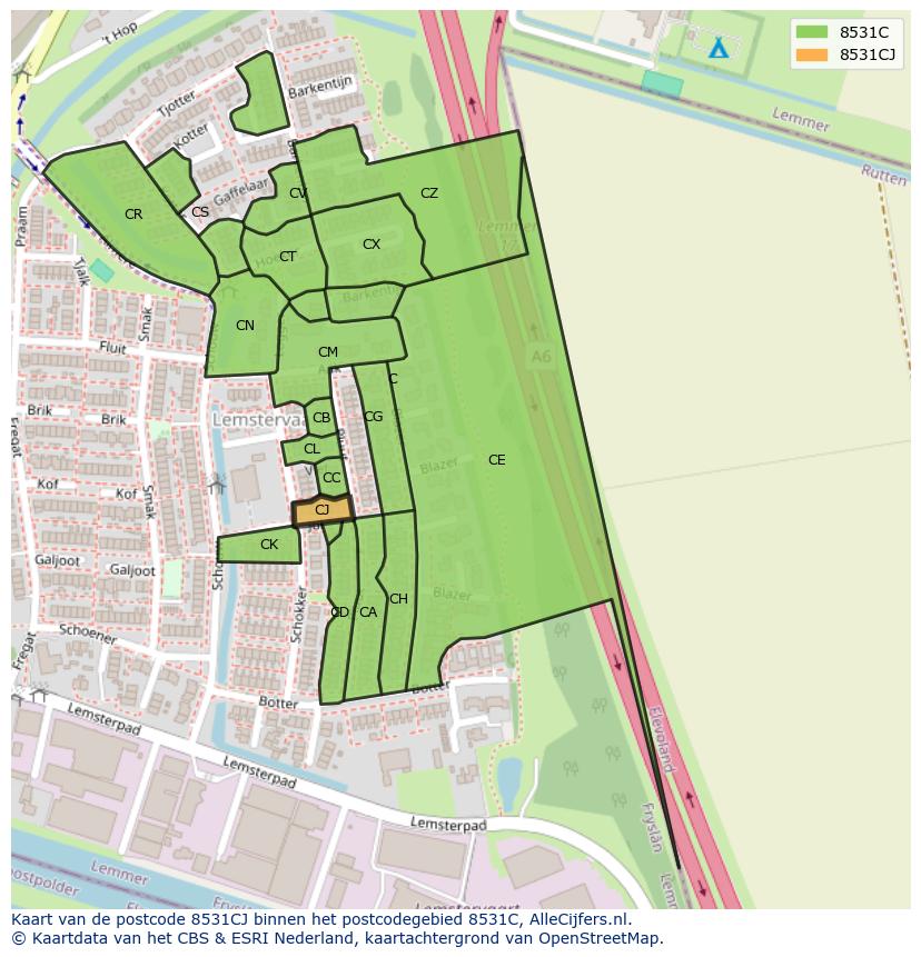 Afbeelding van het postcodegebied 8531 CJ op de kaart.