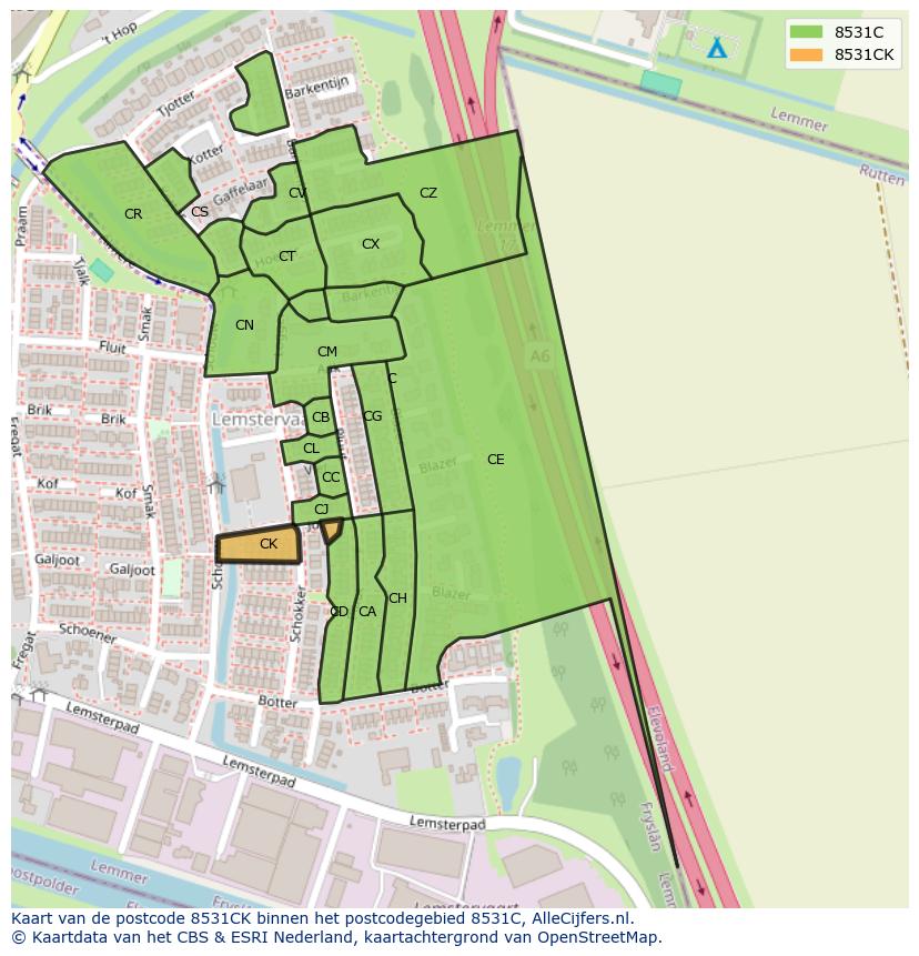 Afbeelding van het postcodegebied 8531 CK op de kaart.