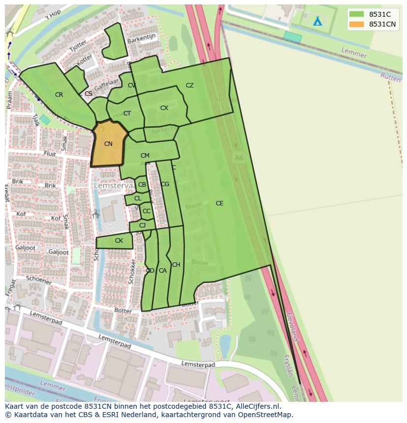 Afbeelding van het postcodegebied 8531 CN op de kaart.
