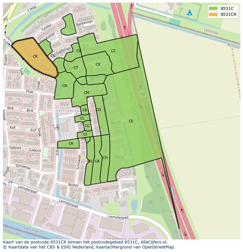 Afbeelding van het postcodegebied 8531 CR op de kaart.