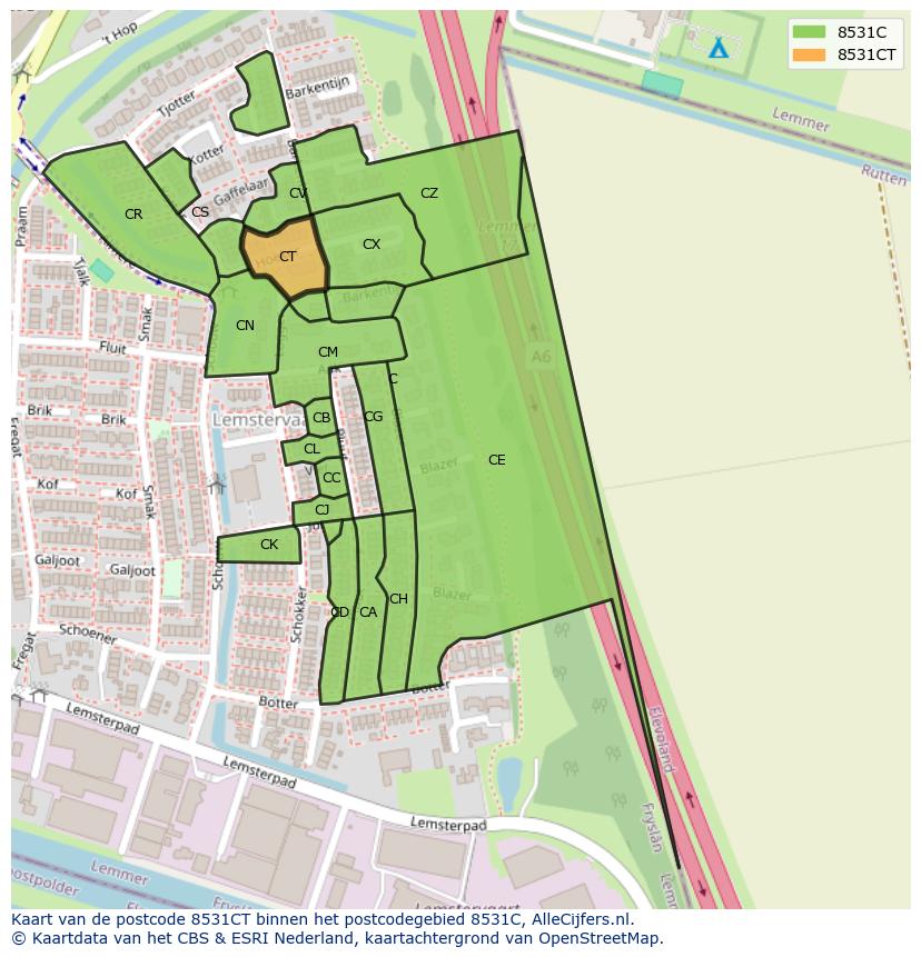 Afbeelding van het postcodegebied 8531 CT op de kaart.