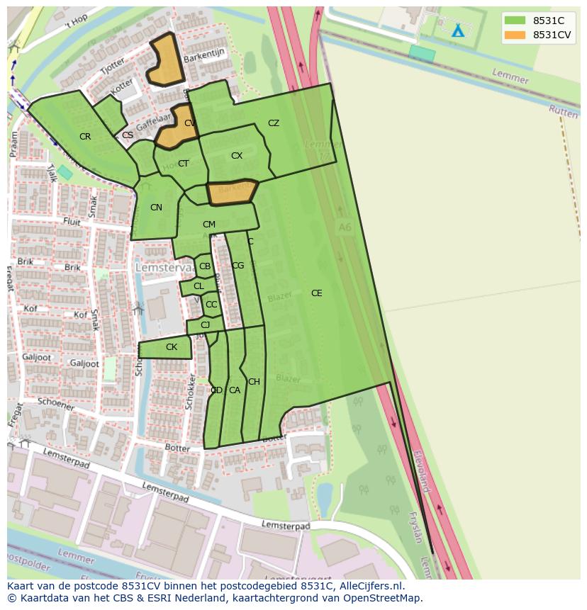 Afbeelding van het postcodegebied 8531 CV op de kaart.