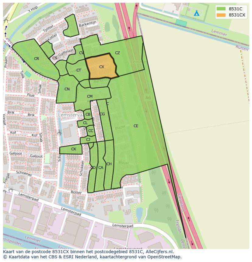 Afbeelding van het postcodegebied 8531 CX op de kaart.