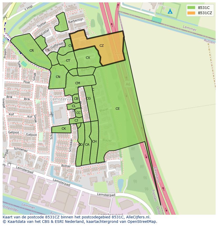 Afbeelding van het postcodegebied 8531 CZ op de kaart.