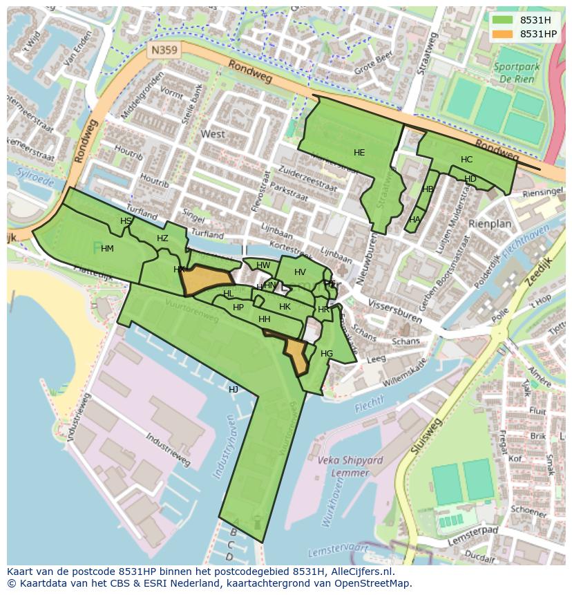 Afbeelding van het postcodegebied 8531 HP op de kaart.