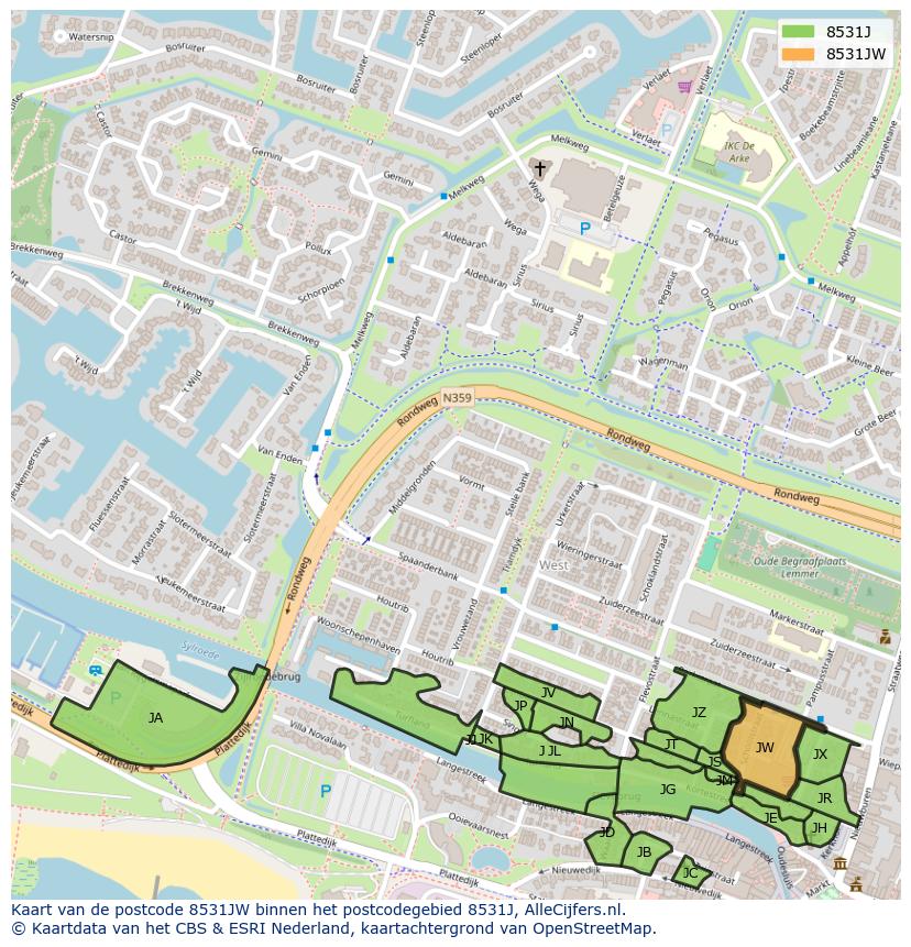 Afbeelding van het postcodegebied 8531 JW op de kaart.