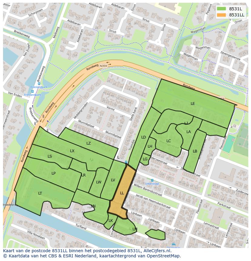Afbeelding van het postcodegebied 8531 LL op de kaart.