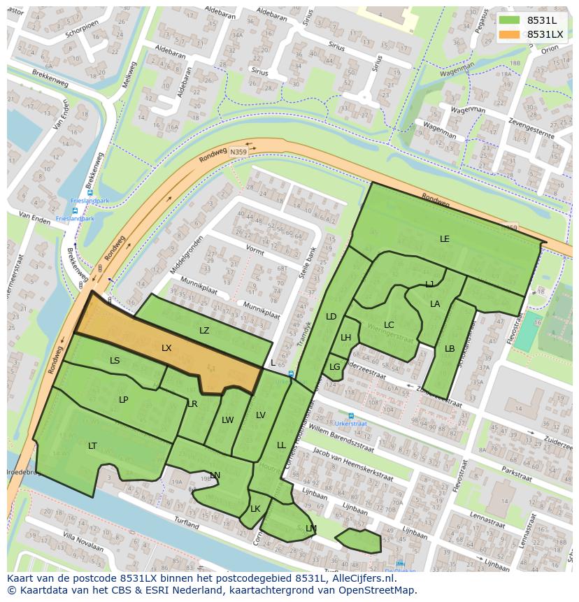 Afbeelding van het postcodegebied 8531 LX op de kaart.