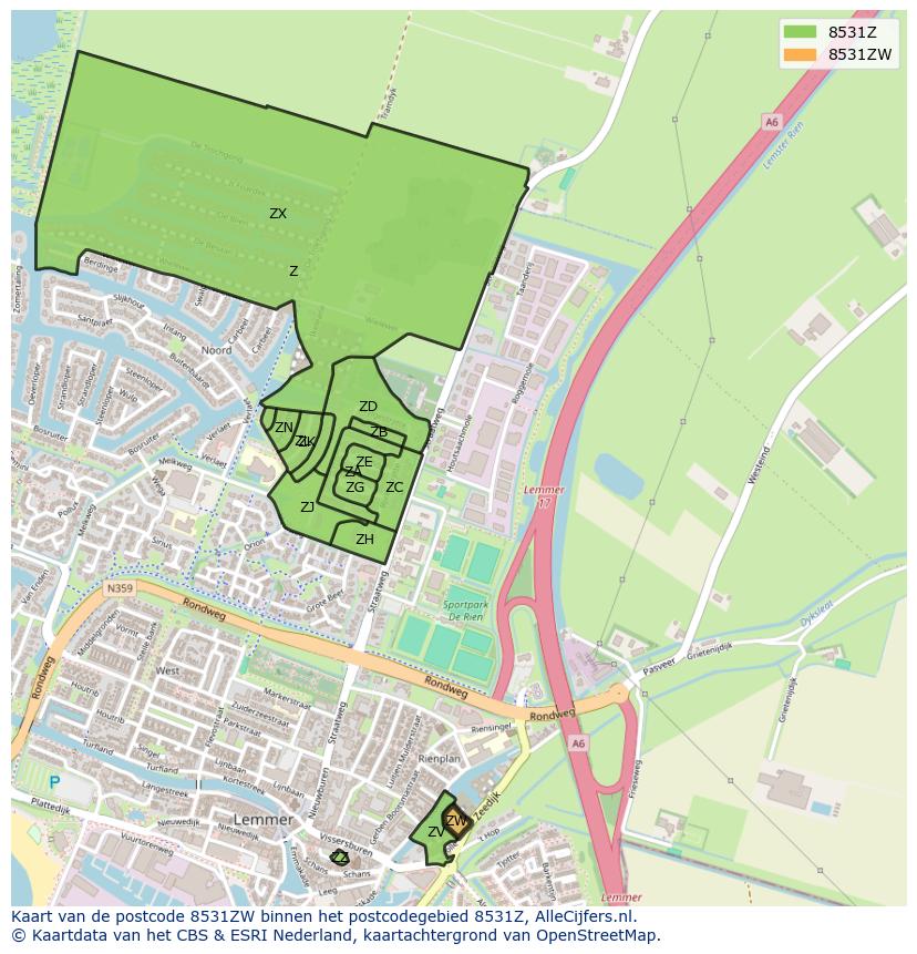 Afbeelding van het postcodegebied 8531 ZW op de kaart.