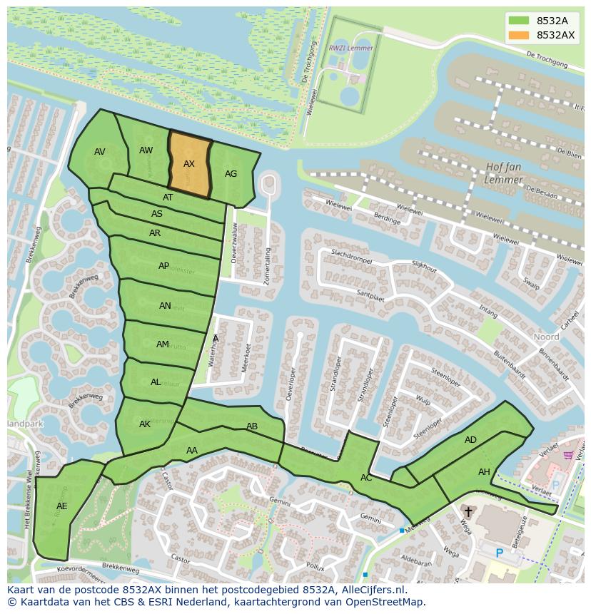 Afbeelding van het postcodegebied 8532 AX op de kaart.
