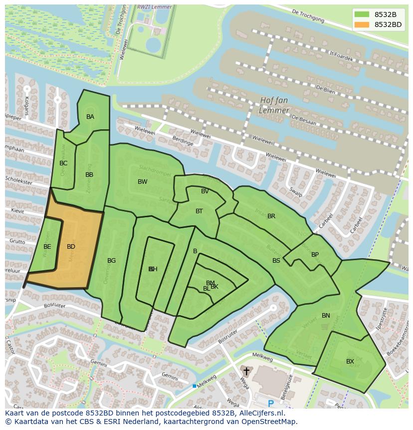 Afbeelding van het postcodegebied 8532 BD op de kaart.