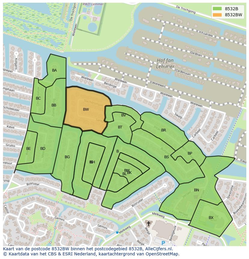 Afbeelding van het postcodegebied 8532 BW op de kaart.