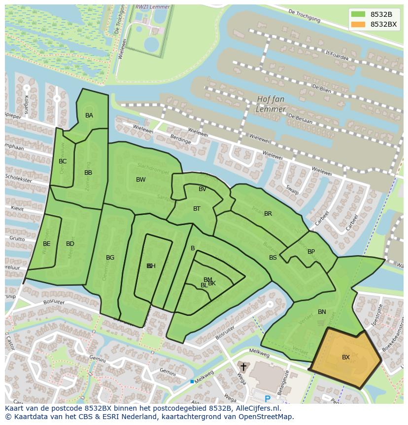 Afbeelding van het postcodegebied 8532 BX op de kaart.