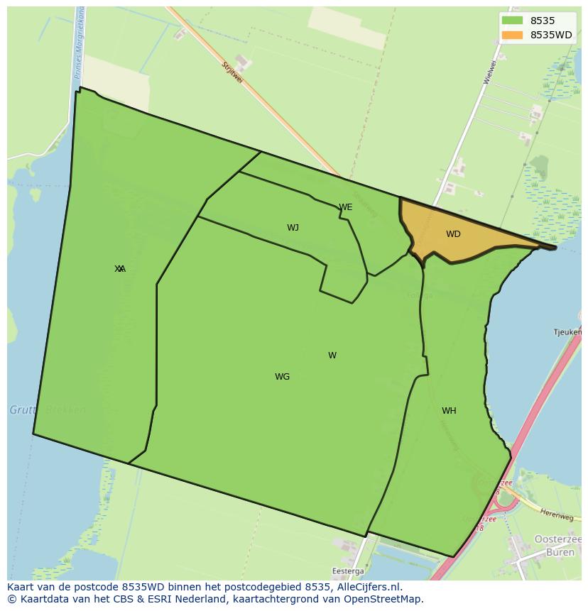 Afbeelding van het postcodegebied 8535 WD op de kaart.