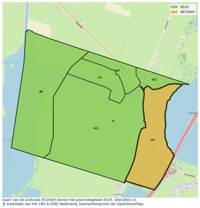 Afbeelding van het postcodegebied 8535 WH op de kaart.