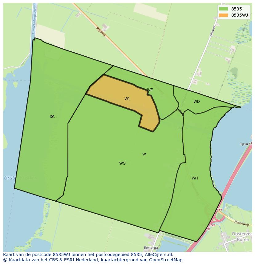 Afbeelding van het postcodegebied 8535 WJ op de kaart.
