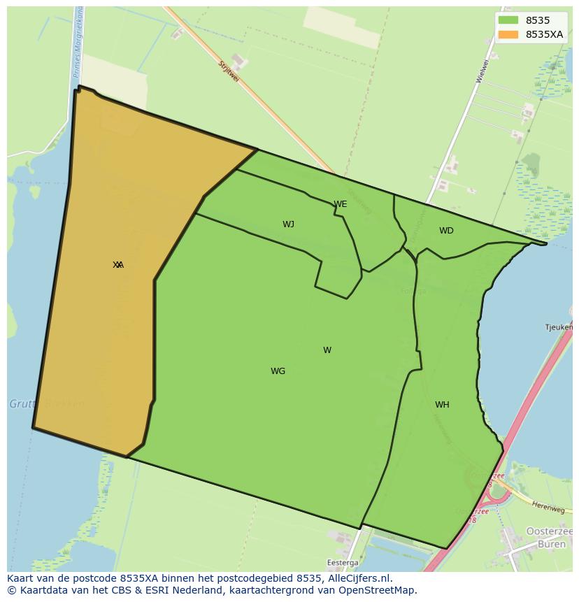 Afbeelding van het postcodegebied 8535 XA op de kaart.