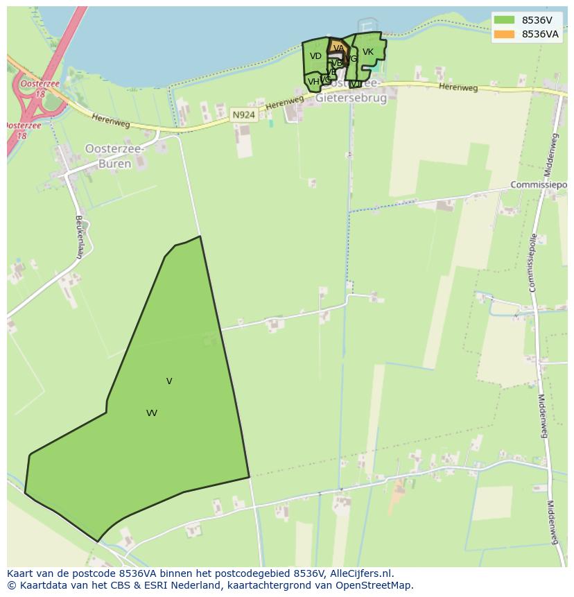 Afbeelding van het postcodegebied 8536 VA op de kaart.