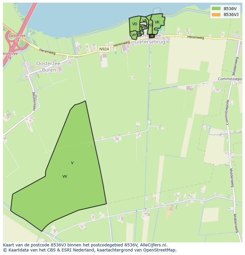 Afbeelding van het postcodegebied 8536 VJ op de kaart.
