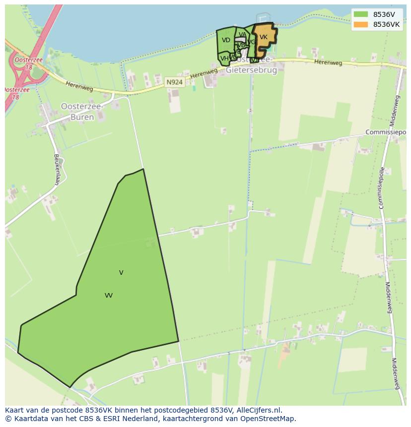 Afbeelding van het postcodegebied 8536 VK op de kaart.