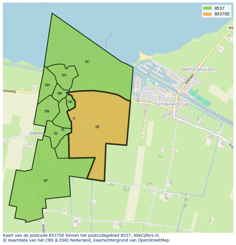 Afbeelding van het postcodegebied 8537 SE op de kaart.
