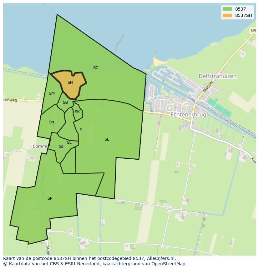 Afbeelding van het postcodegebied 8537 SH op de kaart.