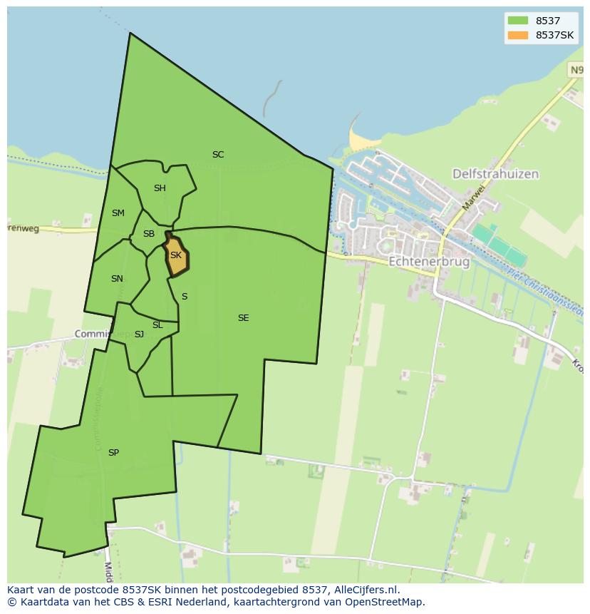 Afbeelding van het postcodegebied 8537 SK op de kaart.