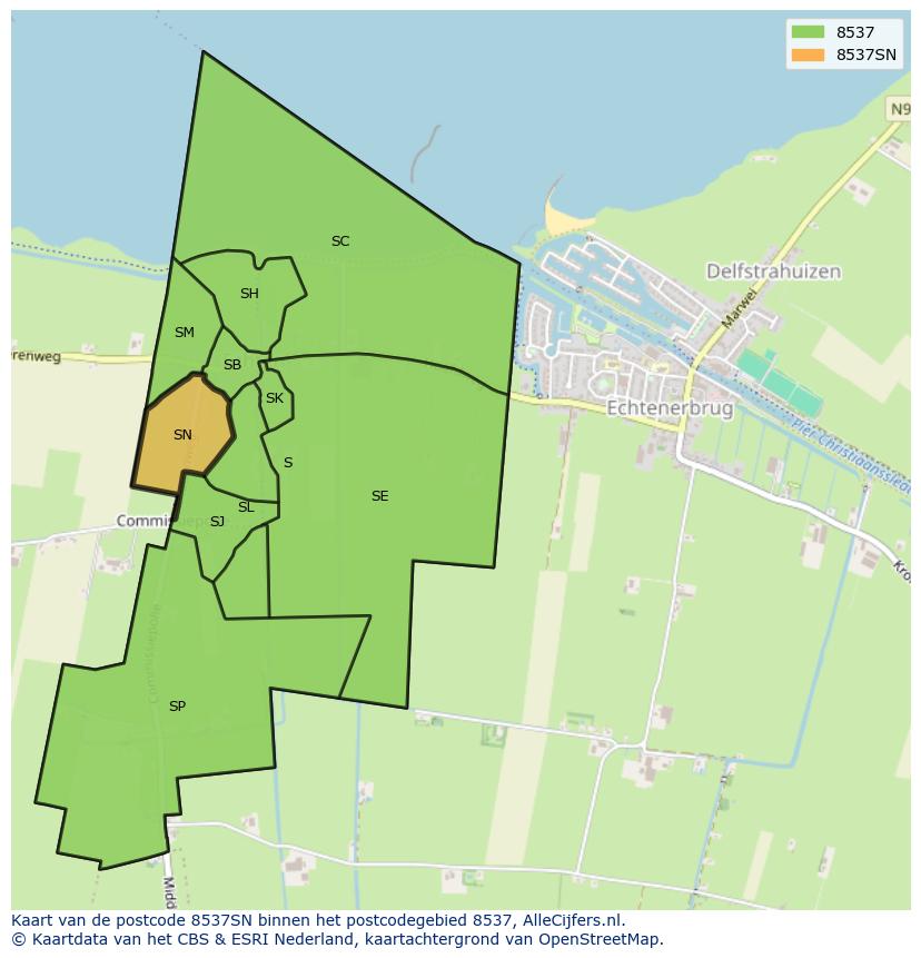 Afbeelding van het postcodegebied 8537 SN op de kaart.