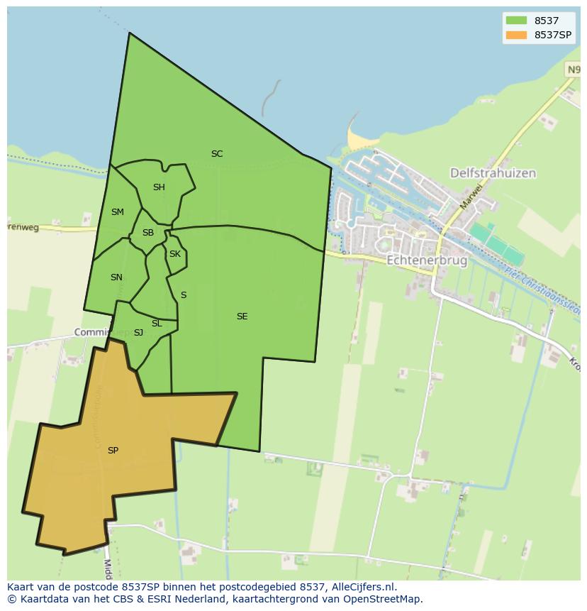 Afbeelding van het postcodegebied 8537 SP op de kaart.