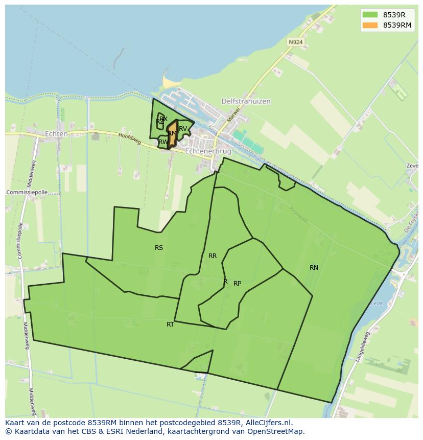 Afbeelding van het postcodegebied 8539 RM op de kaart.