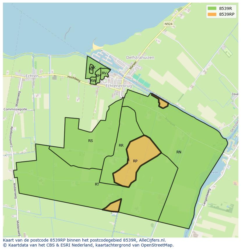 Afbeelding van het postcodegebied 8539 RP op de kaart.